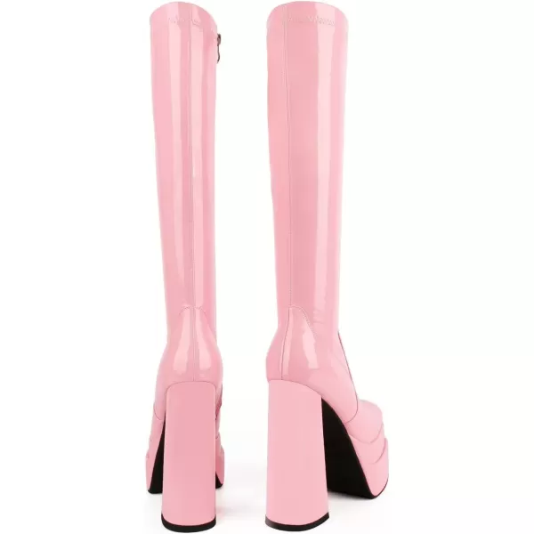 wetkiss Stacked Platform Knee High Boots for Women With High Chunky Heel, Gogo Boots for Women with Square Toe Side Zipper Stretch Boot
