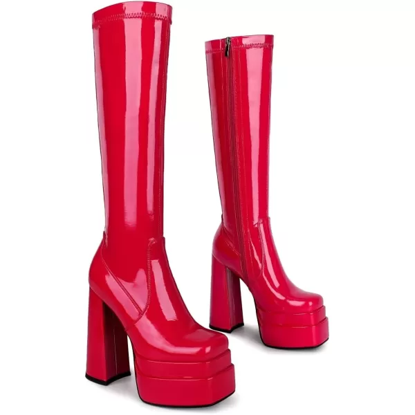 wetkiss Stacked Platform Knee High Boots for Women With High Chunky Heel, Gogo Boots for Women with Square Toe Side Zipper Stretch Boot
