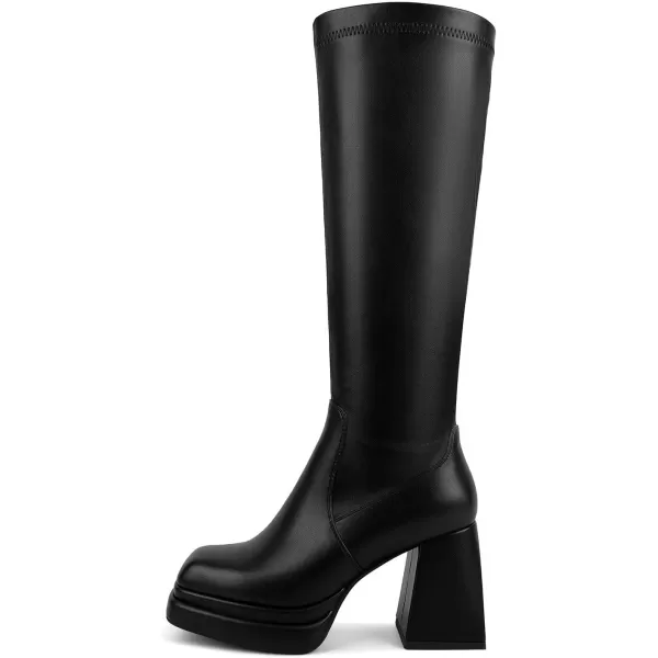 wetkiss Stacked Platform Knee High Boots for Women With High Chunky Heel, Gogo Boots for Women with Square Toe Side Zipper Stretch Boot