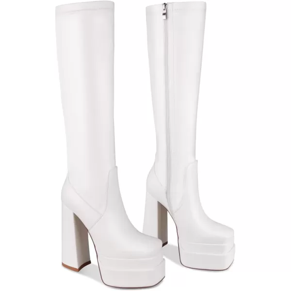 wetkiss Stacked Platform Knee High Boots for Women With High Chunky Heel, Gogo Boots for Women with Square Toe Side Zipper Stretch Boot