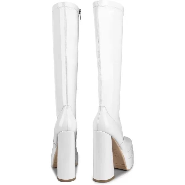 wetkiss Stacked Platform Knee High Boots for Women With High Chunky Heel, Gogo Boots for Women with Square Toe Side Zipper Stretch Boot