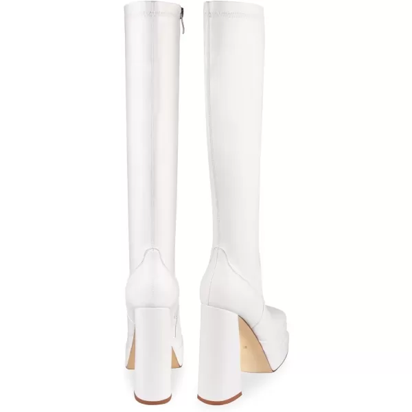 wetkiss Stacked Platform Knee High Boots for Women With High Chunky Heel, Gogo Boots for Women with Square Toe Side Zipper Stretch Boot