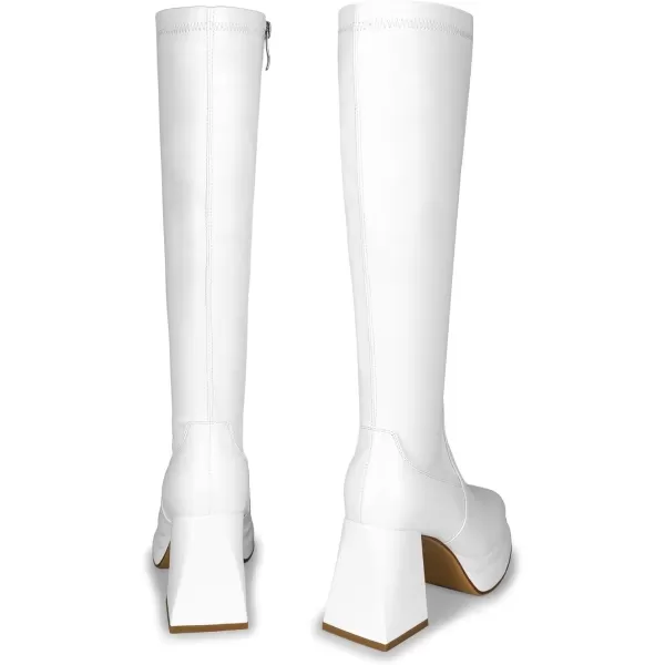 wetkiss Stacked Platform Knee High Boots for Women With High Chunky Heel, Gogo Boots for Women with Square Toe Side Zipper Stretch Boot