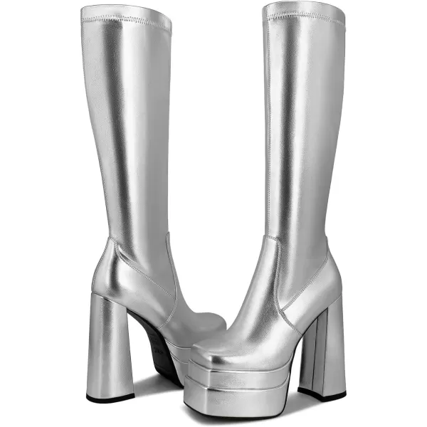 wetkiss Stacked Platform Knee High Boots for Women With High Chunky Heel, Gogo Boots for Women with Square Toe Side Zipper Stretch Boot