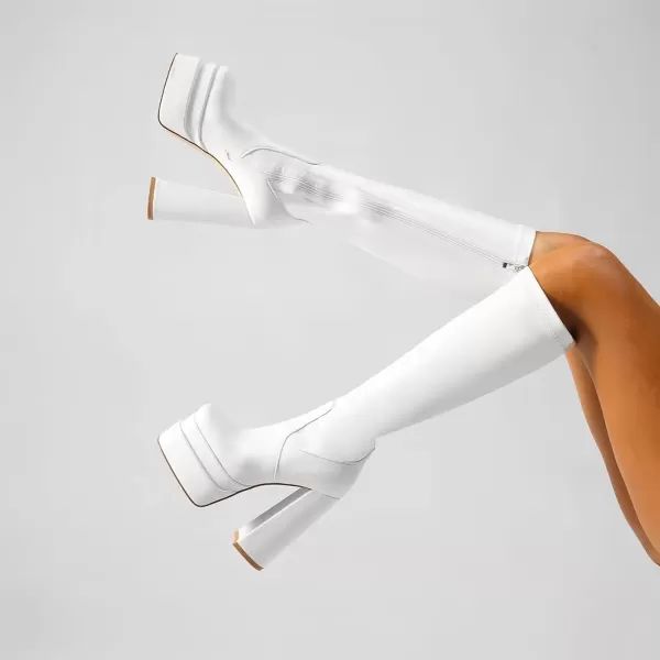 wetkiss Stacked Platform Knee High Boots for Women With High Chunky Heel, Gogo Boots for Women with Square Toe Side Zipper Stretch Boot