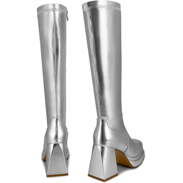 wetkiss Stacked Platform Knee High Boots for Women With High Chunky Heel, Gogo Boots for Women with Square Toe Side Zipper Stretch Boot