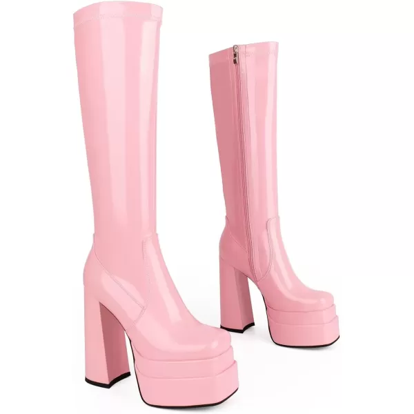 wetkiss Stacked Platform Knee High Boots for Women With High Chunky Heel, Gogo Boots for Women with Square Toe Side Zipper Stretch Boot