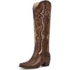 imagewetkiss Black Cowboy Boots for Women Knee High Cowgirl Tall Boots with Classic Retro Embroidered Chunky Heel Slip On Pointed Toe Womens Western Boots for Girls LadiesMatte Brown