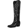 imagewetkiss Black Cowboy Boots for Women Knee High Cowgirl Tall Boots with Classic Retro Embroidered Chunky Heel Slip On Pointed Toe Womens Western Boots for Girls LadiesMatte Black