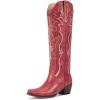 imagewetkiss Black Cowboy Boots for Women Knee High Cowgirl Tall Boots with Classic Retro Embroidered Chunky Heel Slip On Pointed Toe Womens Western Boots for Girls LadiesMatte Red