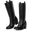 imagewetkiss Brown Cowboy Boots for Women Wide Mid Calf Western Cowgirl Chunky Boots Round Toe Pull On Casual Holiday Party Daily ShoesBlack