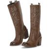 imagewetkiss Brown Cowboy Boots for Women Wide Mid Calf Western Cowgirl Chunky Boots Round Toe Pull On Casual Holiday Party Daily ShoesBrown