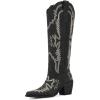 imagewetkiss Cowboy Boots for Women Embroidered Knee High Cowgirl Boots Womens Retro Western Boots Pull on Tall Boots with Chunky Heel Pointed ToeBlack