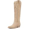 imagewetkiss Cowboy Boots for Women Knee High Cowgirl Boots Western Boots with Floral Embroidered Pointed Toe Chunky Heel Pull On Retro Vintage Classic Tall Boots for LadiesZfashion Suede Apricot