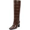 imagewetkiss Straight Leg Knee High Boots for Women Regular Calf Friendly Square Toe Faux Leather Crocodile Print Mid Heel Comfortable BootsBrown Crocembossed Effect