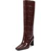 imagewetkiss Straight Leg Knee High Boots for Women Regular Calf Friendly Square Toe Faux Leather Crocodile Print Mid Heel Comfortable BootsBurgundy Crocembossed Effect