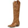 imagewetkiss Womens Tall Cowboy Boots Side Zipper Ladies Cowgirl Knee High BootsComfortable Retro Vintage Embroidery Pointed Toe Block Chunky HeelBrown