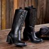 imagewetkiss Brown Cowboy Boots for Women Wide Mid Calf Western Cowgirl Chunky Boots Round Toe Pull On Casual Holiday Party Daily ShoesBlack