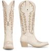 imagewetkiss Cowboy Boots for Women Knee High Cowgirl Boots Retro Embroidered Chunky Heels Pointed Toe Western Long Tall Boot Pull OnBeige