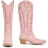 imagewetkiss Cowboy Boots for Women Knee High Cowgirl Boots Retro Embroidered Chunky Heels Pointed Toe Western Long Tall Boot Pull OnPink