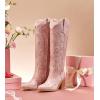 imagewetkiss Cowboy Boots for Women Knee High Cowgirl Boots Western Boots with Floral Embroidered Pointed Toe Chunky Heel Pull On Retro Vintage Classic Tall Boots for LadiesGentle Pink Floral
