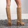 imagewetkiss Knee High Boots Women with No Zipper Slip On Boots for Work Date Dress Party Club ShoesSuede Brown