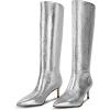 imagewetkiss Knee High Boots for Women with Kitten Heel and Pointed Toe Design Classic and SexyCrocodile Silver