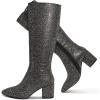 imagewetkiss RhinestonePU Low Chunky Pointed Toe Knee High Boots for Women with Full Bling Sparkly Crystals Booties for Wedding Party Date DressLgray Rhinestone