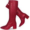 imagewetkiss RhinestonePU Low Chunky Pointed Toe Knee High Boots for Women with Full Bling Sparkly Crystals Booties for Wedding Party Date DressLred Rhinestone
