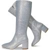 imagewetkiss RhinestonePU Low Chunky Pointed Toe Knee High Boots for Women with Full Bling Sparkly Crystals Booties for Wedding Party Date DressLsilver Rhinestone