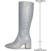 imagewetkiss RhinestonePU Low Chunky Pointed Toe Knee High Boots for Women with Full Bling Sparkly Crystals Booties for Wedding Party Date DressLsilver Rhinestone