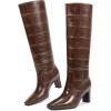 imagewetkiss Straight Leg Knee High Boots for Women Regular Calf Friendly Square Toe Faux Leather Crocodile Print Mid Heel Comfortable BootsBrown Crocembossed Effect