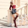 imagewetkiss Straight Leg Knee High Boots for Women Regular Calf Friendly Square Toe Faux Leather Crocodile Print Mid Heel Comfortable BootsBurgundy