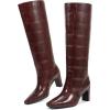 imagewetkiss Straight Leg Knee High Boots for Women Regular Calf Friendly Square Toe Faux Leather Crocodile Print Mid Heel Comfortable BootsBurgundy Crocembossed Effect