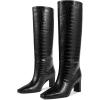imagewetkiss Straight Leg Knee High Boots for Women Regular Calf Friendly Square Toe Faux Leather Crocodile Print Mid Heel Comfortable BootsCrocodile Black