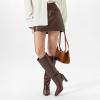 imagewetkiss Straight Leg Knee High Boots for Women Regular Calf Friendly Square Toe Faux Leather Crocodile Print Mid Heel Comfortable BootsCrocodile Brown