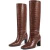 imagewetkiss Straight Leg Knee High Boots for Women Regular Calf Friendly Square Toe Faux Leather Crocodile Print Mid Heel Comfortable BootsCrocodile Brown
