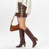 imagewetkiss Straight Leg Knee High Boots for Women Regular Calf Friendly Square Toe Faux Leather Crocodile Print Mid Heel Comfortable BootsCrocodile Brown