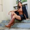 imagewetkiss Straight Leg Knee High Boots for Women Regular Calf Friendly Square Toe Faux Leather Crocodile Print Mid Heel Comfortable BootsRedBrown