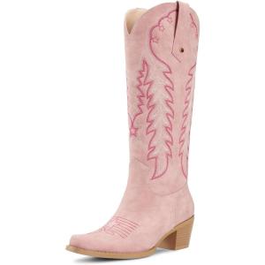 imagewetkiss Cowboy Boots for Women Knee High Cowgirl Boots Retro Embroidered Chunky Heels Pointed Toe Western Long Tall Boot Pull OnPink