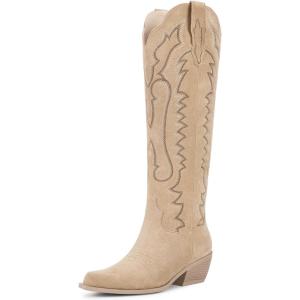 imagewetkiss Cowboy Boots for Women Knee High Cowgirl Boots Western Boots with Floral Embroidered Pointed Toe Chunky Heel Pull On Retro Vintage Classic Tall Boots for LadiesZfashion Suede Apricot