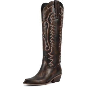 imagewetkiss Cowboy Boots for Women Knee High Cowgirl Boots Western Boots with Floral Embroidered Pointed Toe Chunky Heel Pull On Retro Vintage Classic Tall Boots for LadiesZvintage Chocolate Brown