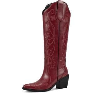 imagewetkiss Cowboy Boots for Women Knee High Cowgirl Boots Western Boots with Floral Embroidered Pointed Toe Chunky Heel Pull On Retro Vintage Classic Tall Boots for LadiesPassion Red Floral