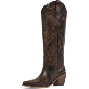 imagewetkiss Cowboy Boots for Women Knee High Cowgirl Boots Western Boots with Floral Embroidered Pointed Toe Chunky Heel Pull On Retro Vintage Classic Tall Boots for LadiesVintage Brown Floral
