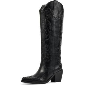 imagewetkiss Cowboy Boots for Women Knee High Cowgirl Boots Western Boots with Floral Embroidered Pointed Toe Chunky Heel Pull On Retro Vintage Classic Tall Boots for LadiesClassic Black Floral