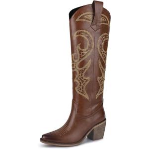 imagewetkiss Cowboy Boots for Women Knee High Cowgirl Boots Women Rhinestone Comfort Fashion Tall Sparkling Western Boots Boots for WomenBbrown Pu