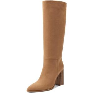 imagewetkiss Knee High Boots Women with No Zipper Slip On Boots for Work Date Dress Party Club ShoesSuede Brown