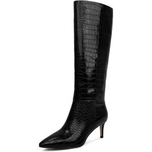 imagewetkiss Knee High Boots for Women with Kitten Heel and Pointed Toe Design Classic and SexyCrocodile Black