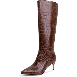 imagewetkiss Knee High Boots for Women with Kitten Heel and Pointed Toe Design Classic and SexyCrocodile Brown