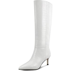 imagewetkiss Knee High Boots for Women with Kitten Heel and Pointed Toe Design Classic and SexyCrocodile White